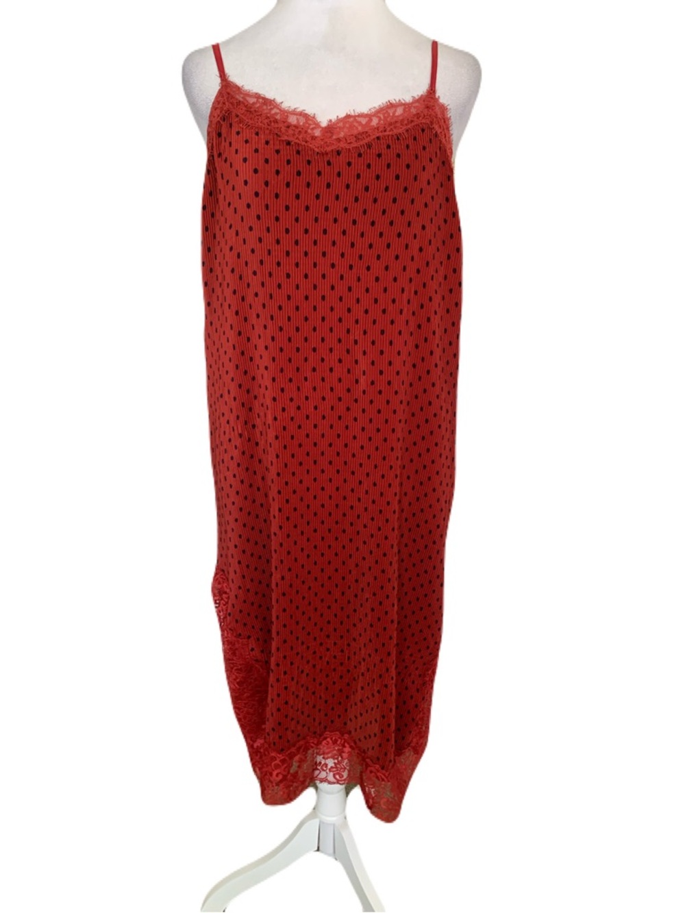 Free People Rust Red & Deep Navy Polka Dot Pleated Lace-Trim Margot Slip Dress
